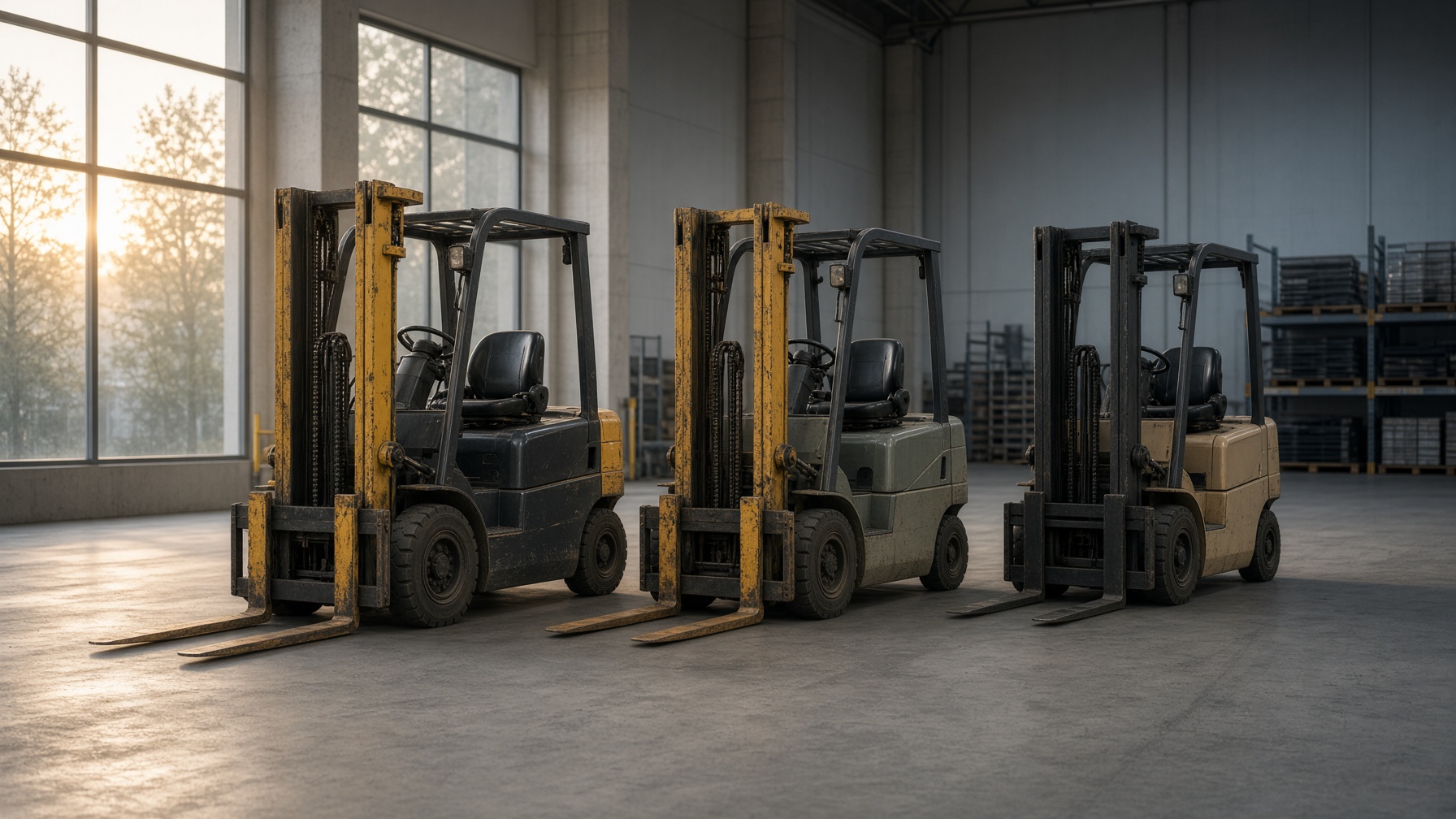 A short line of used forklifts ready for a walk-through
