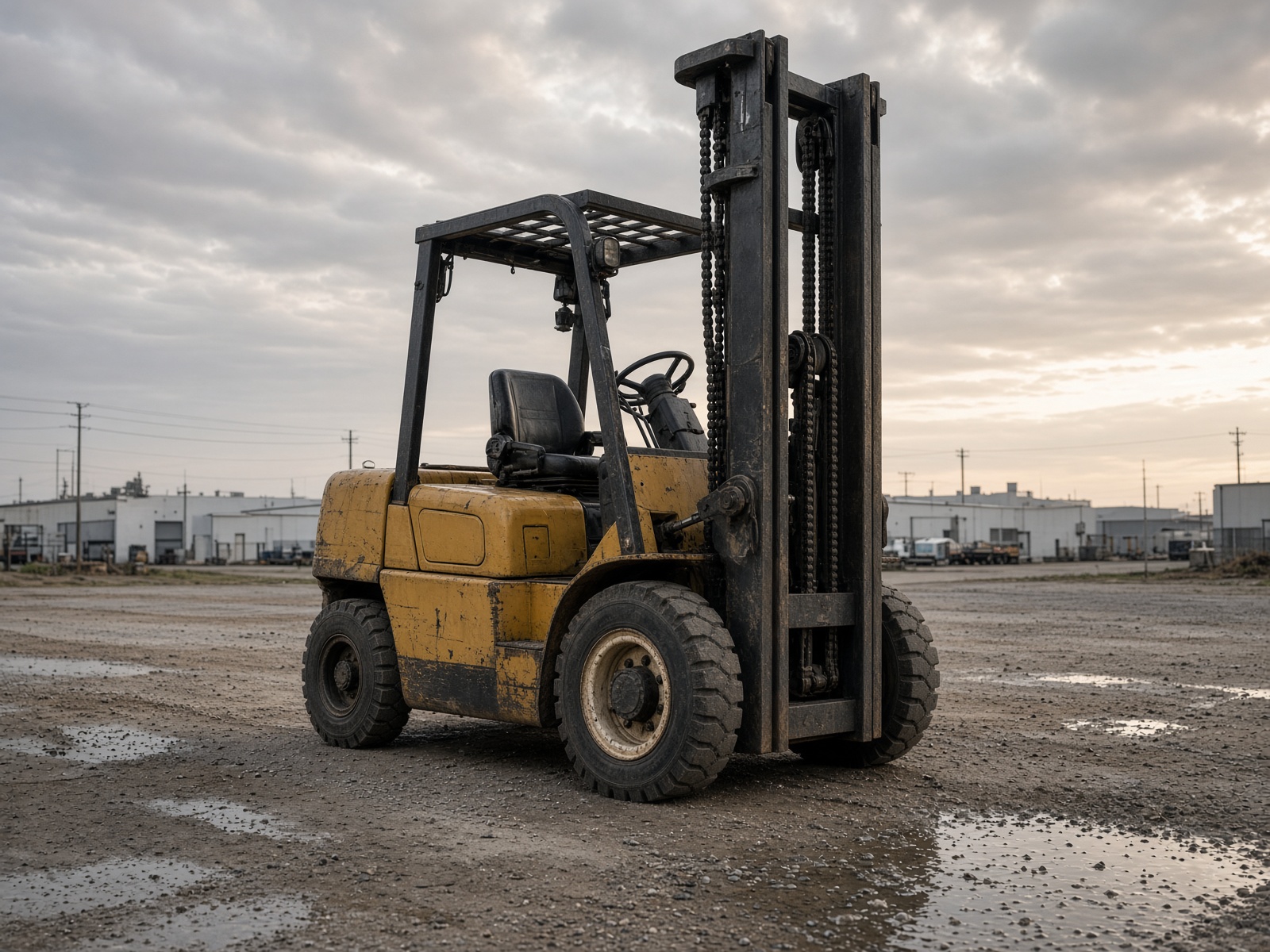 Pneumatic forklift in an equipment yard